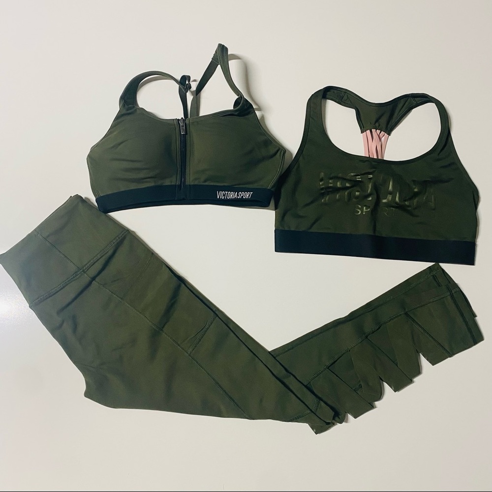 Victoria Sport 3pc olive green set knockout tights/2 sports bra size S/34B